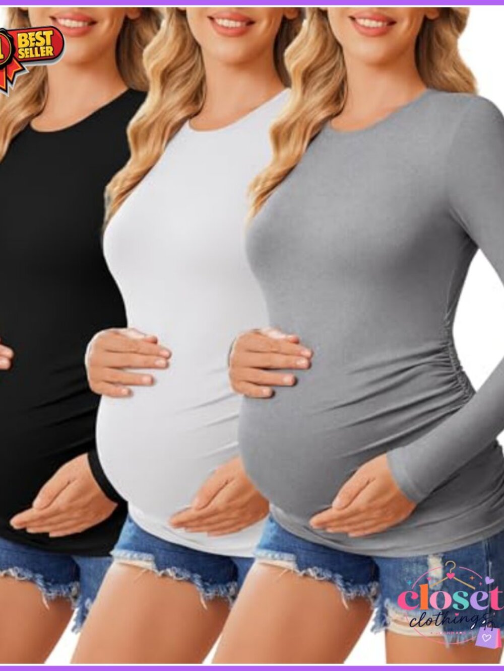 Maternity Long Sleeve Crew Neck Tee Shirts 3 Pack Side Ruched Soft